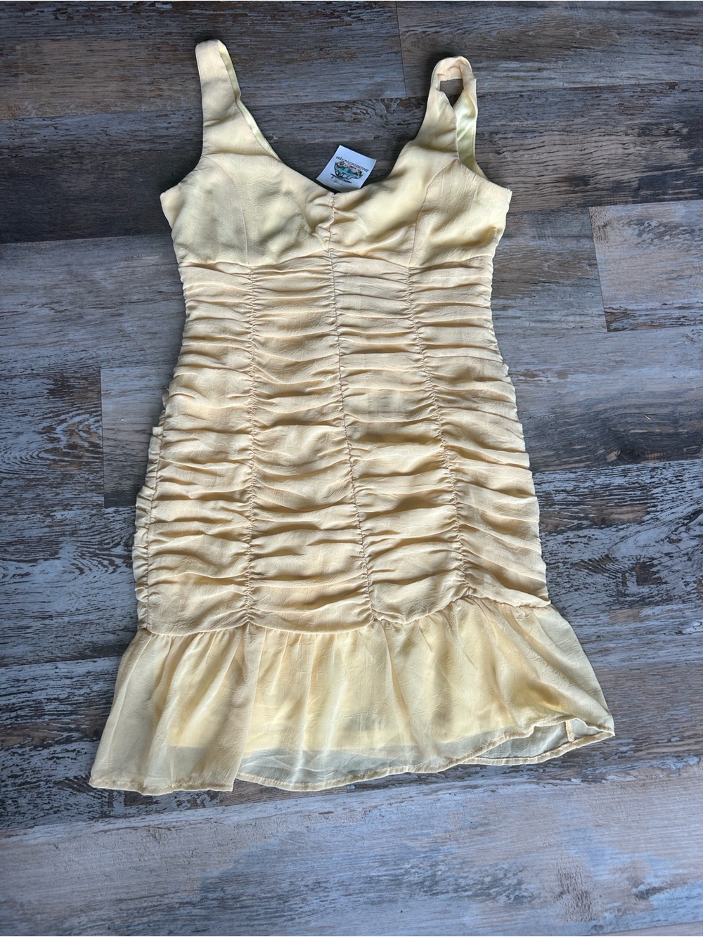 She + Sky Yellow Ruched Sleeveless Ruffled Hem Dress